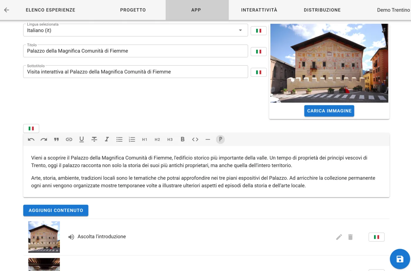 Schermata reale della piattaforma Suggesto per modificare contenuti e media di un'esperienza