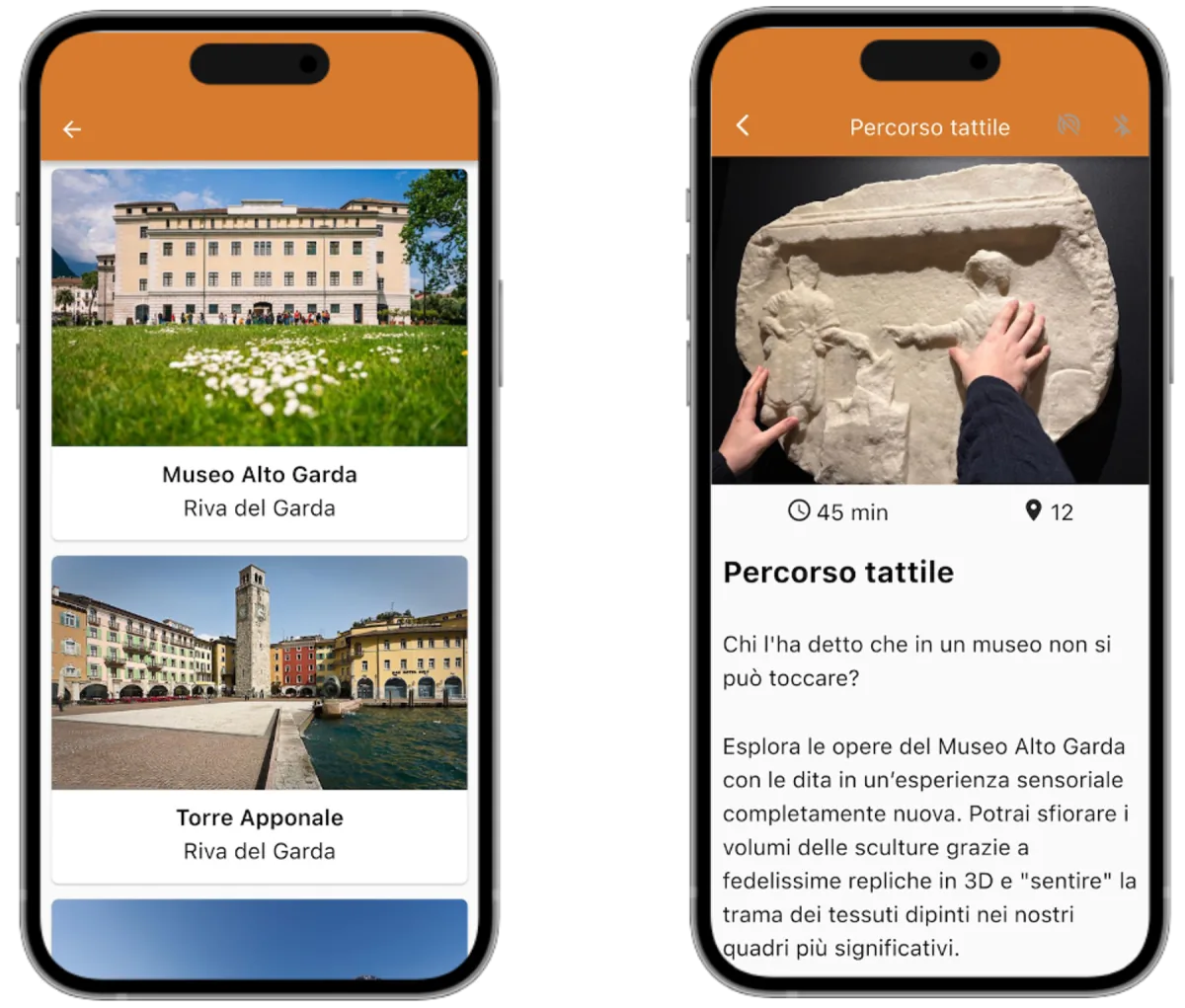 Schermate MobiCult del MAG con percorso tattile e contenuti accessibili