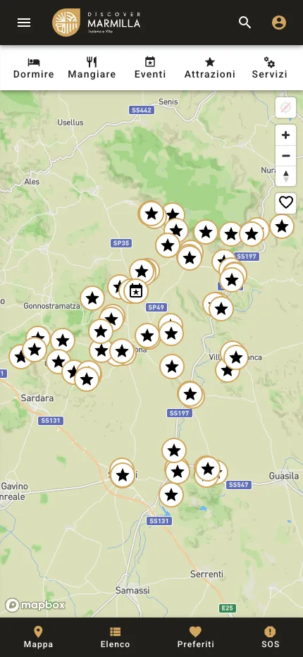 Mappa mobile della webapp Discover Marmilla con punti di interesse