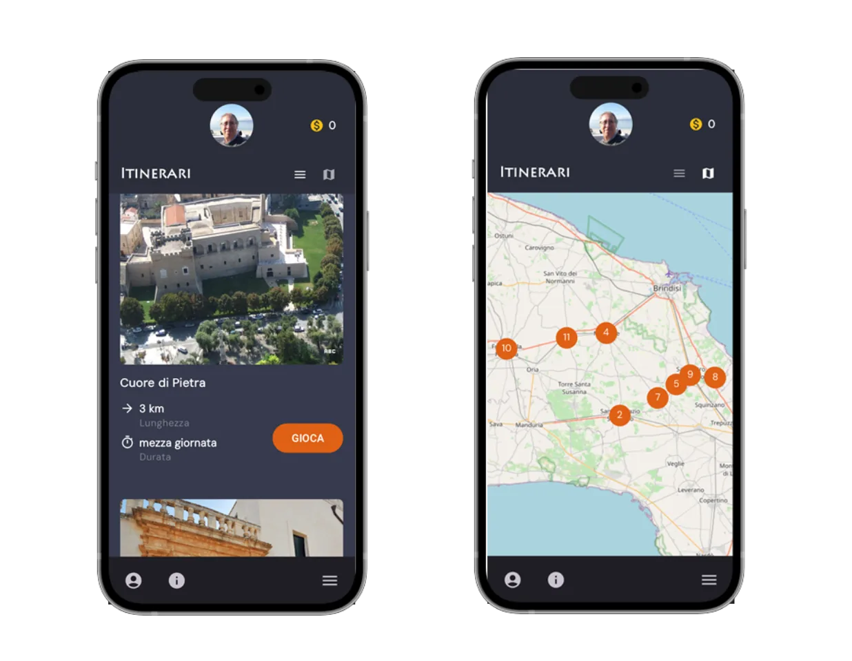 Schermate mobile del progetto Discover Terra dei Messapi