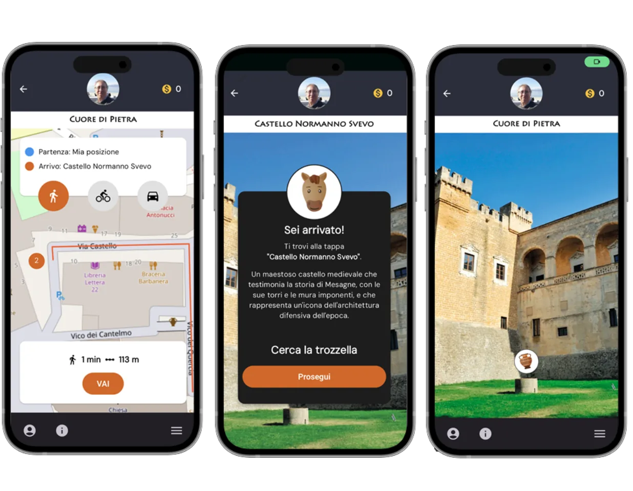 Tre schermate dell'app MessapiAR con percorso geolocalizzato e prova in realtà aumentata
