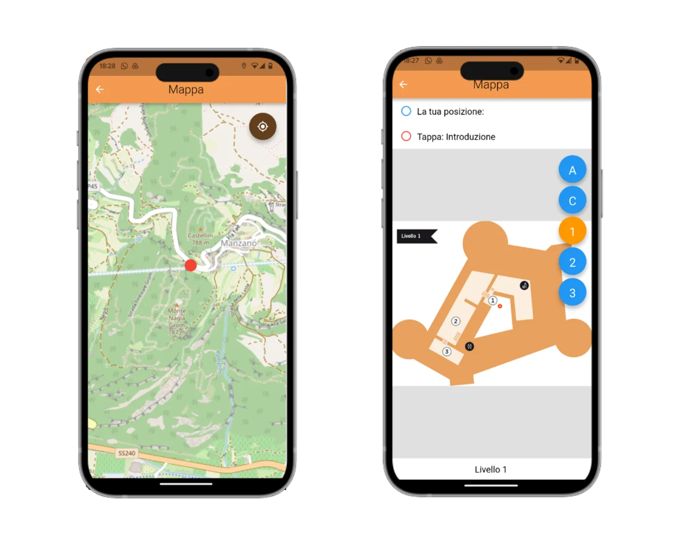 Schermate MobiCult con mappe per spazi interni e percorsi all'aperto