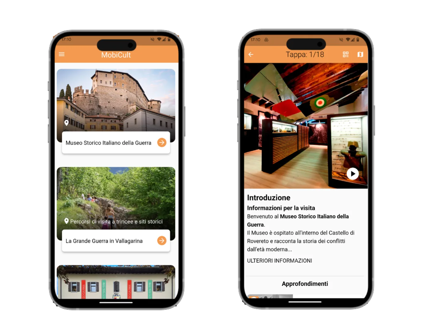 Due schermate reali dell'app MobiCult con luoghi e contenuti di visita