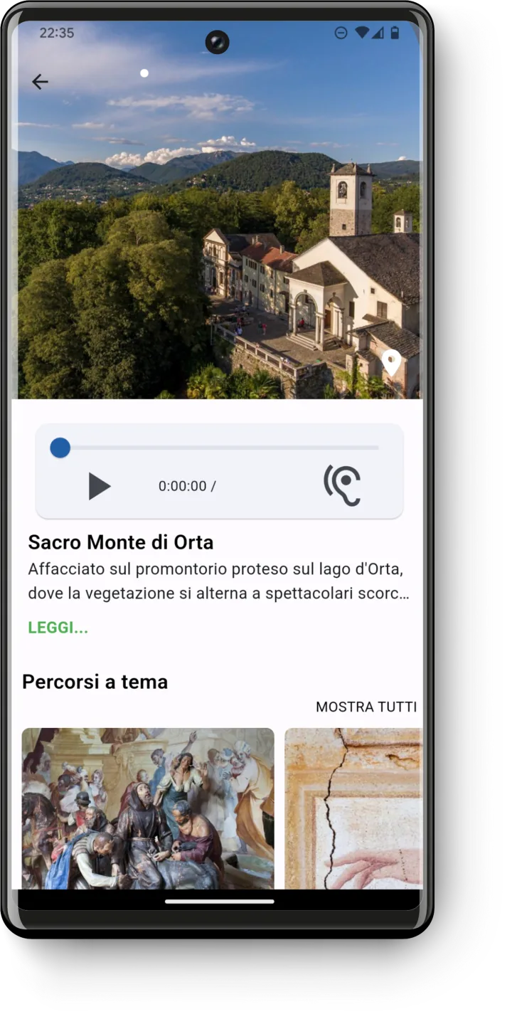 Schermata reale della guida mobile Suggesto con audioguida e percorsi tematici