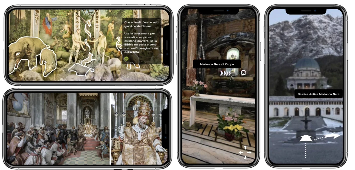 Schermate mobile di giochi, realtà aumentata e visite virtuali dei Sacri Monti